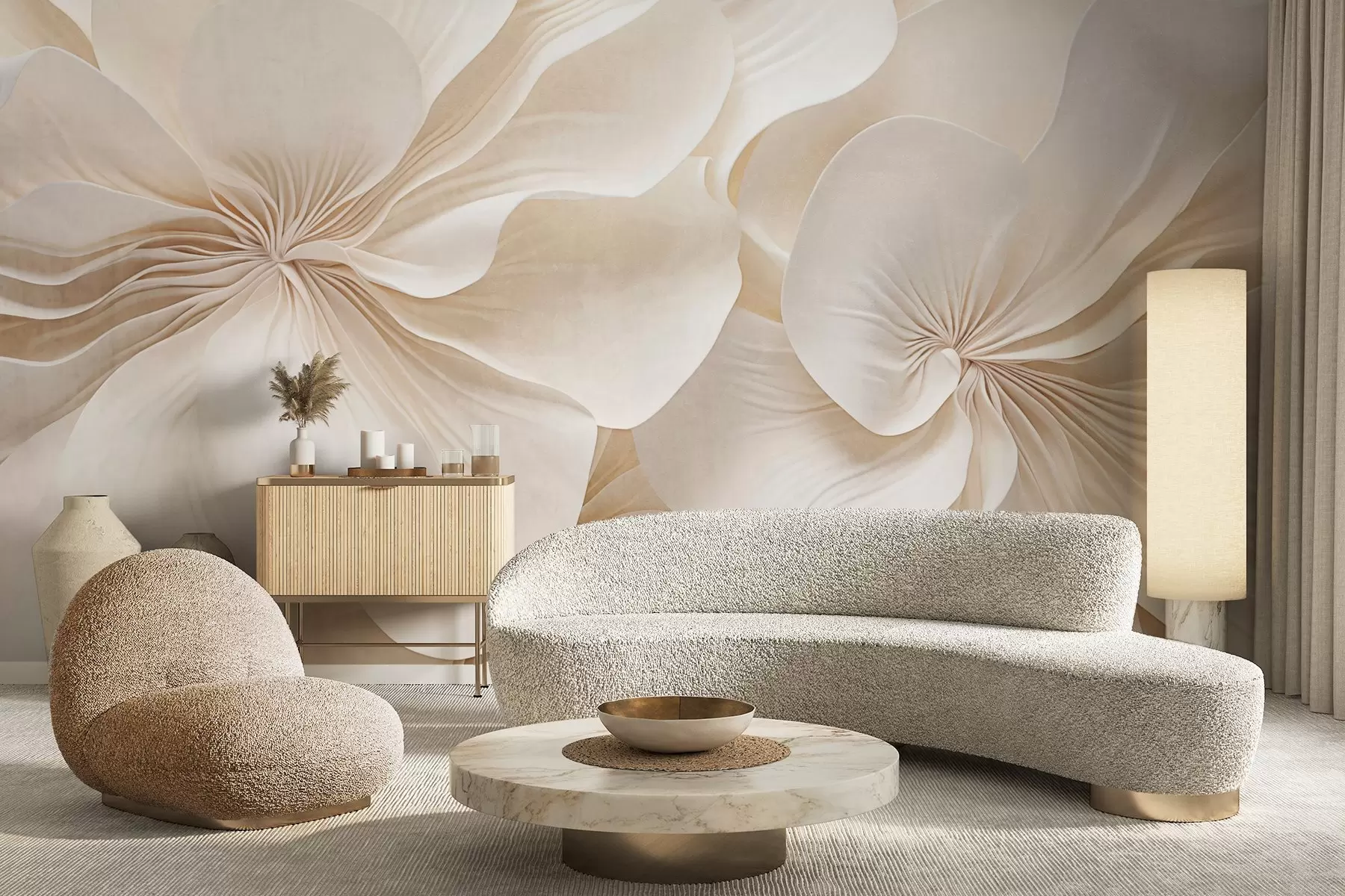 fototapeter Nærbilde av blomster med kremaktig tekstur og delikate, flytende kronblader som skaper et mykt, elegant og strukturert blomsterarrangement w09346