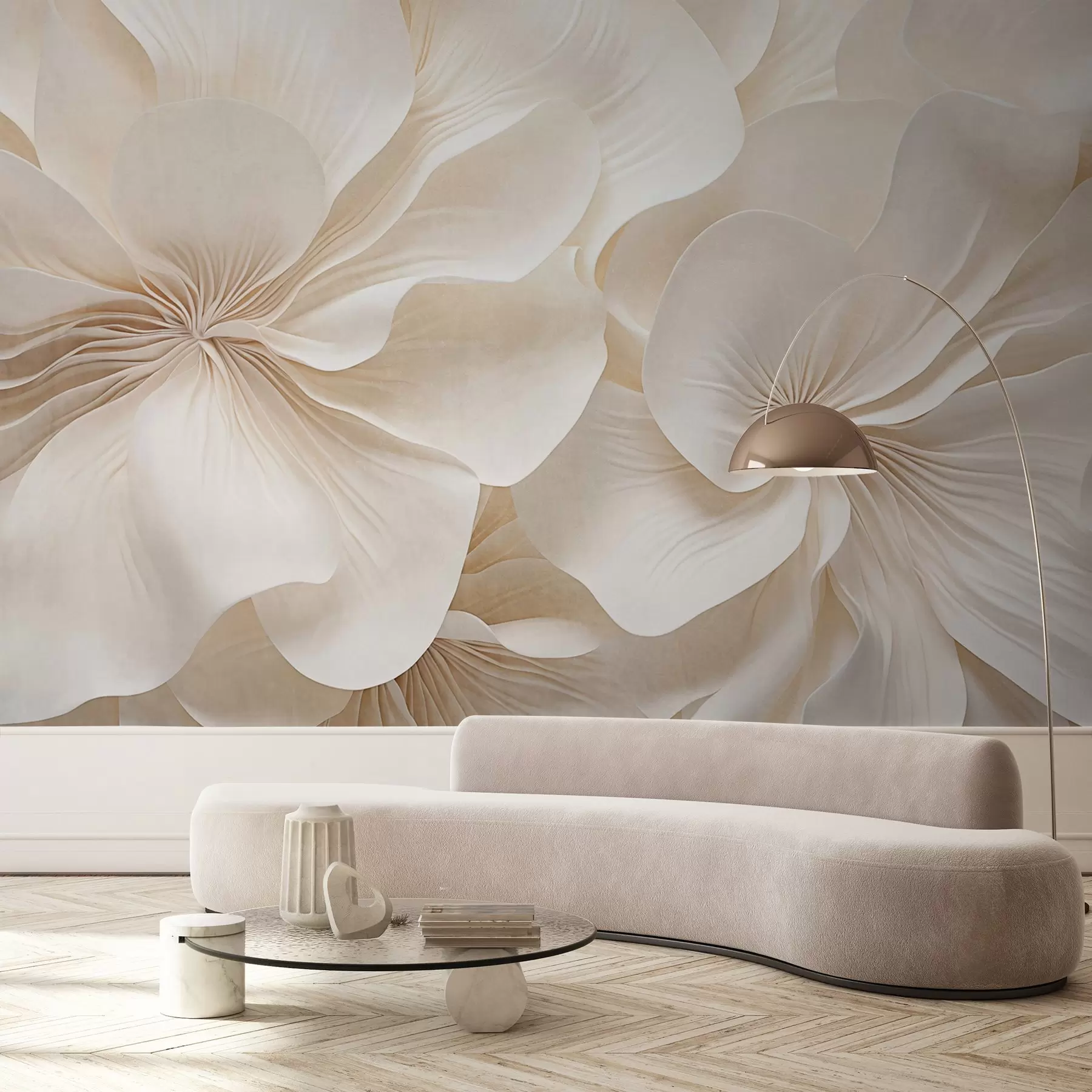 fototapeter Nærbilde av blomster med kremaktig tekstur og delikate, flytende kronblader som skaper et mykt, elegant og strukturert blomsterarrangement w09346