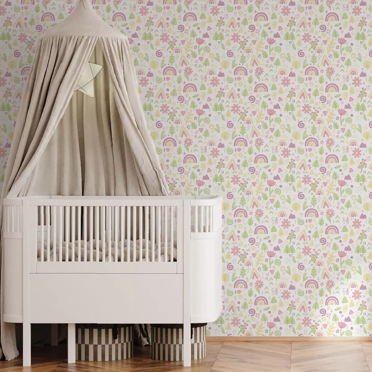 Bakgrunn Barnetegning med regnbuer, blomster og trær a00296