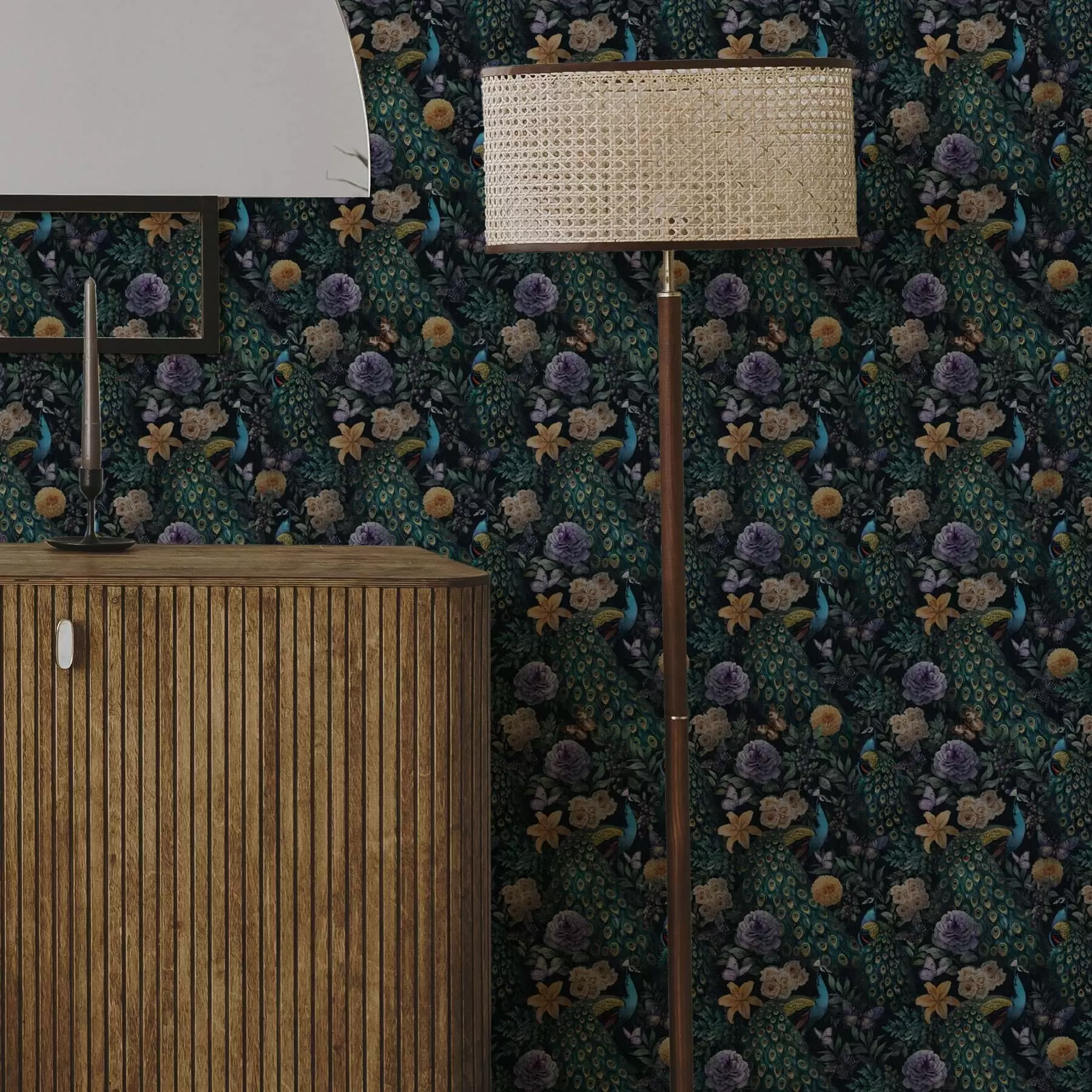 fototapeter Påfugler blant mørke blomster og sommerfugler a00348