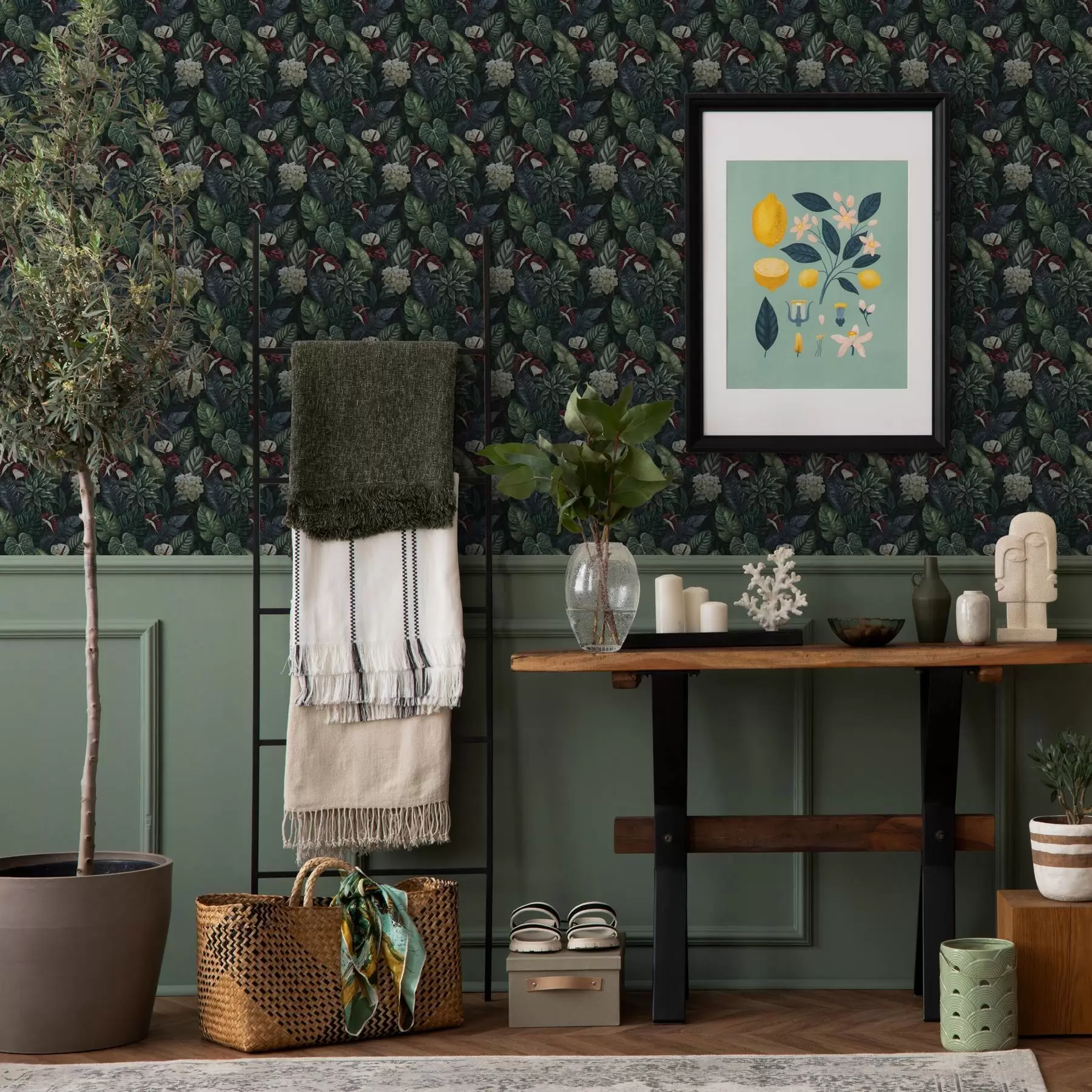 fototapeter Tropiske blader med hvite og røde blomster a00361