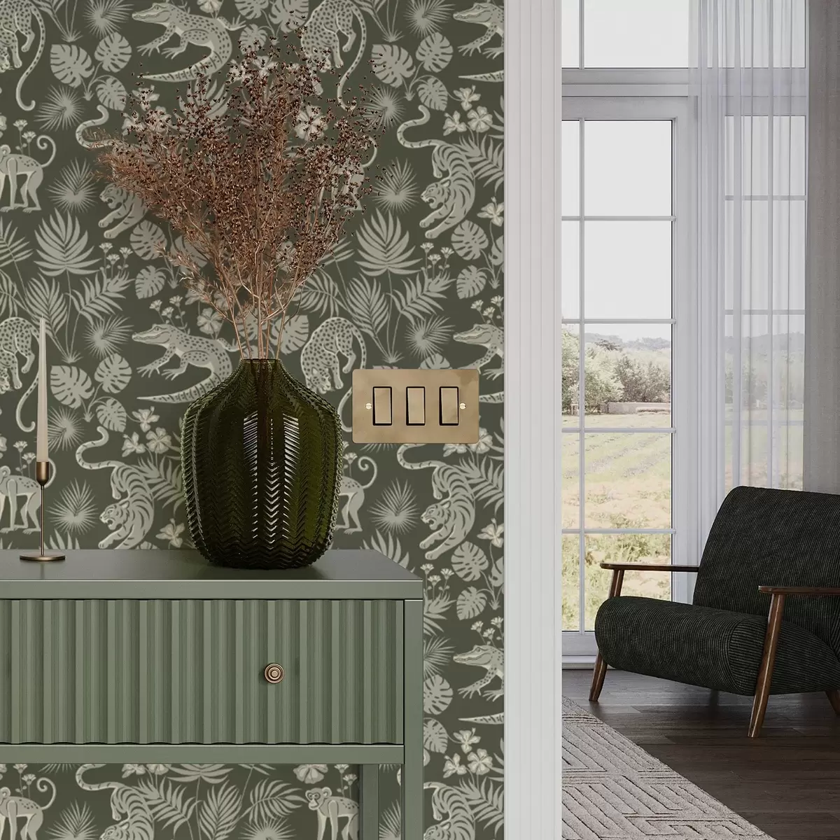 Bakgrunn Silhuetter av ville dyr blant tropiske blader a00404