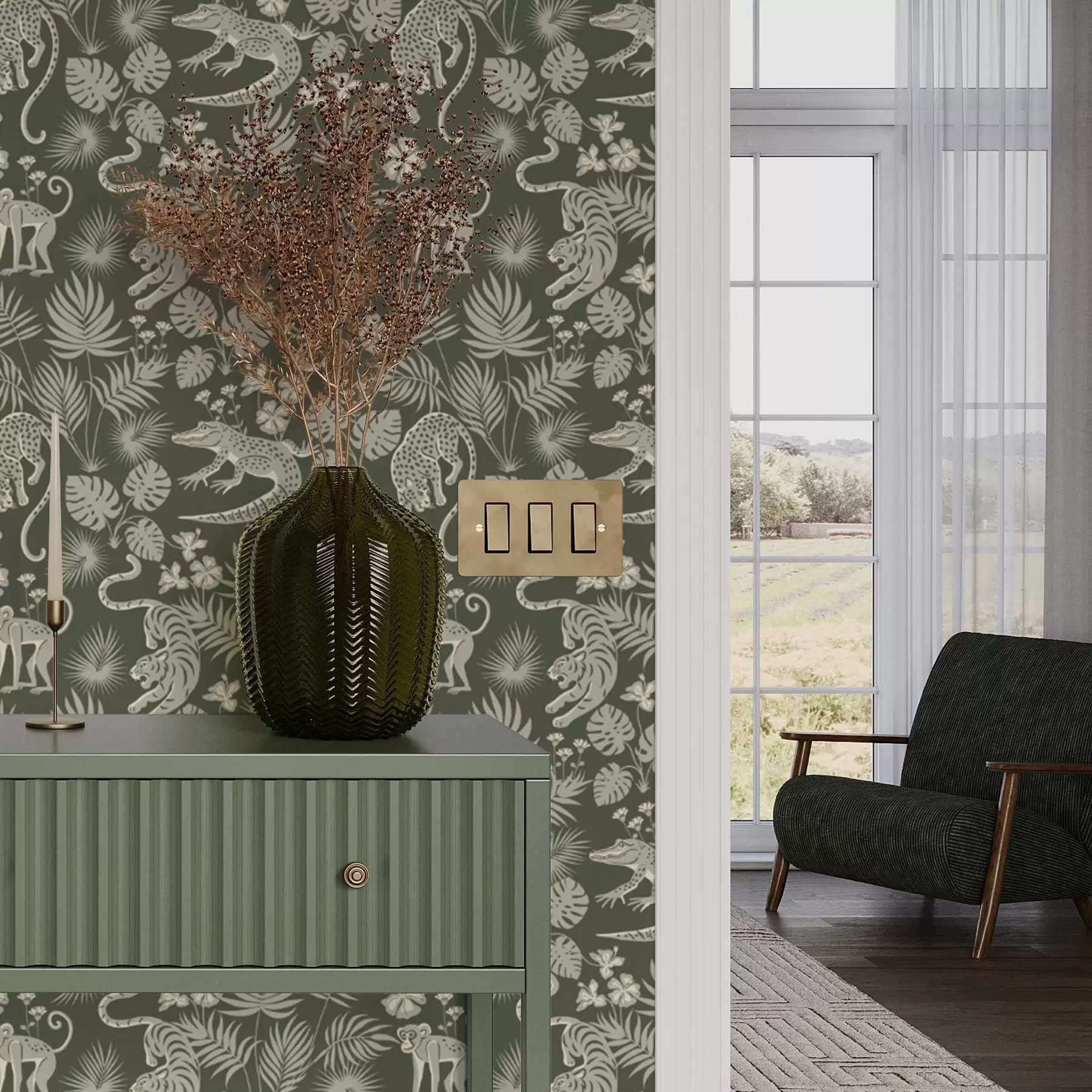 fototapeter Silhuetter av ville dyr blant tropiske blader a00404