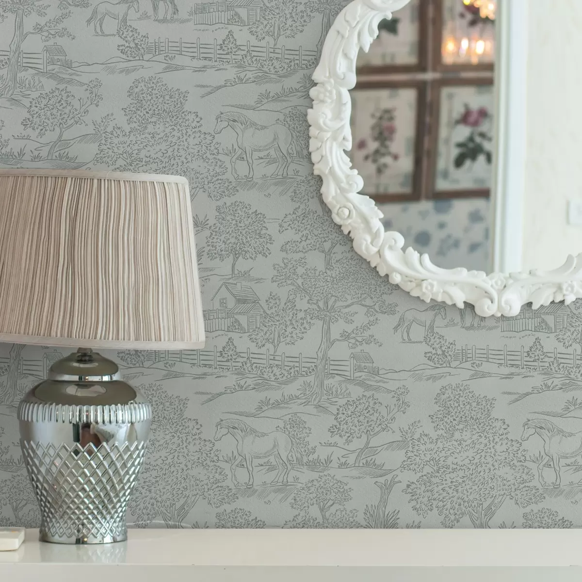 Bakgrunn Grønt monokromt landskap med hester og hytter a00407