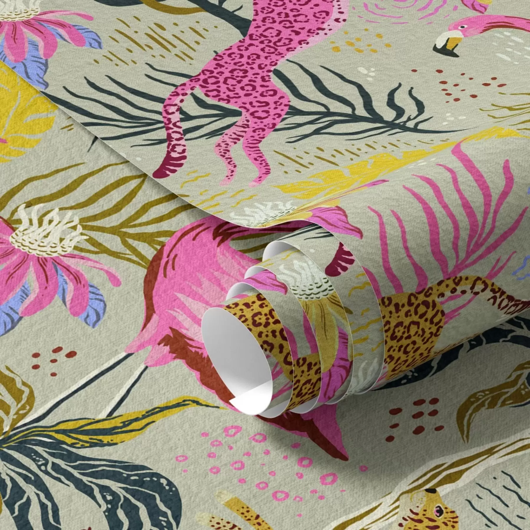 fototapeter Lysende flamingoer og leoparder blant tropiske planter a00470