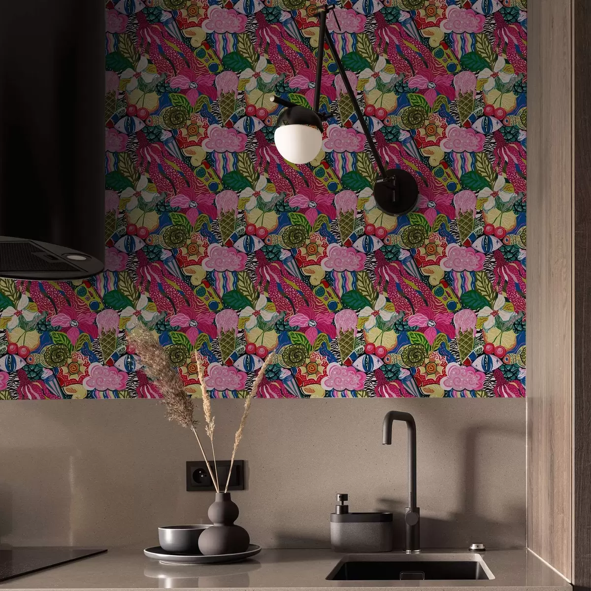 Bakgrunn Abstrakt pop-art med blomster, bær og mønstre a00471