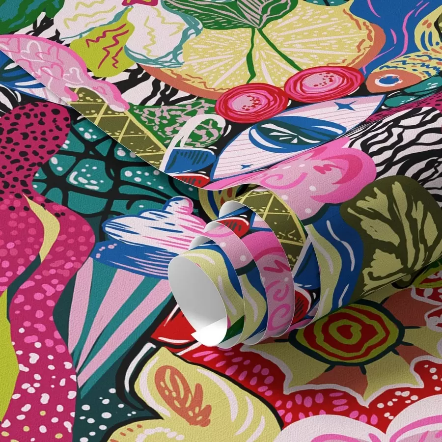 fototapeter Abstrakt pop-art med blomster, bær og mønstre a00471