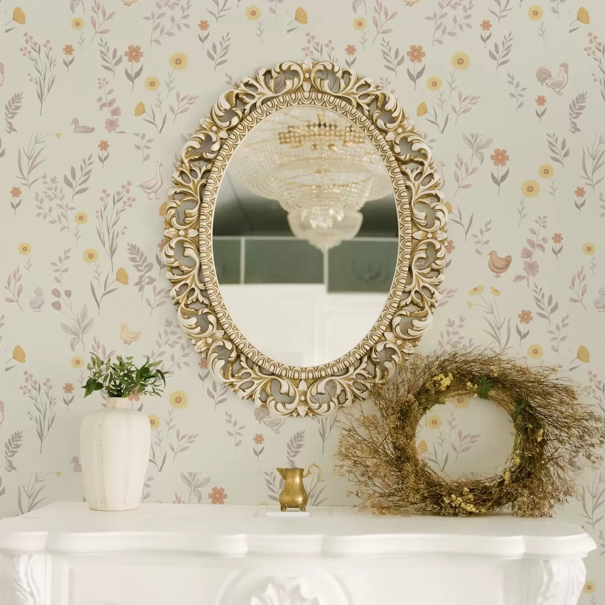 Bakgrunn Åkerblomster og høns i duse pastellfarger a00478