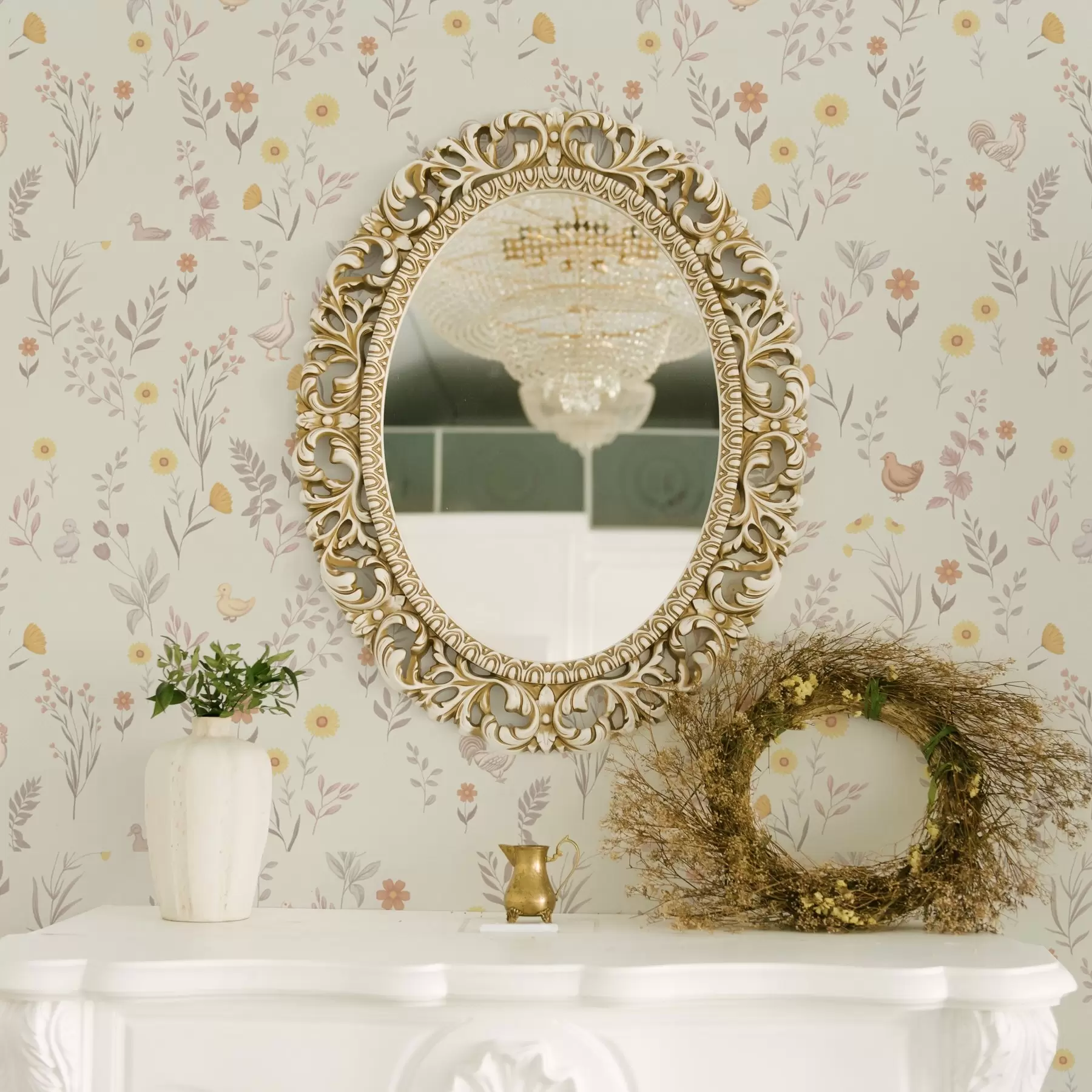 fototapeter Åkerblomster og høns i duse pastellfarger a00478