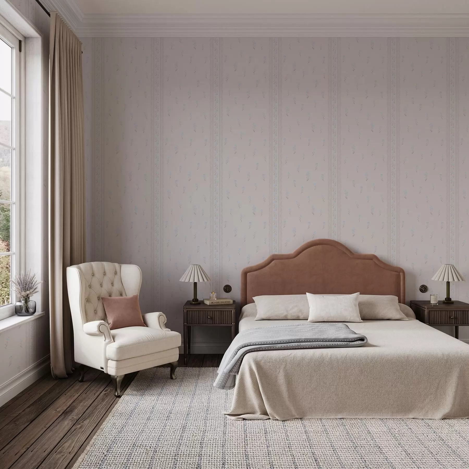 fototapeter Rosa bakgrunn med delikate blå blomster og kant a00484