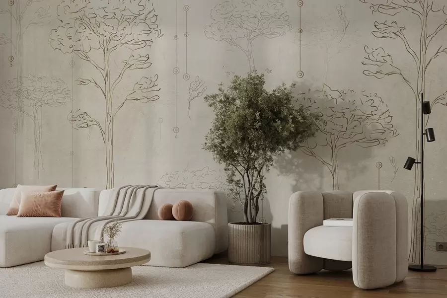 fototapeter Lineære silhuetter av trær i minimalistisk stil w04403