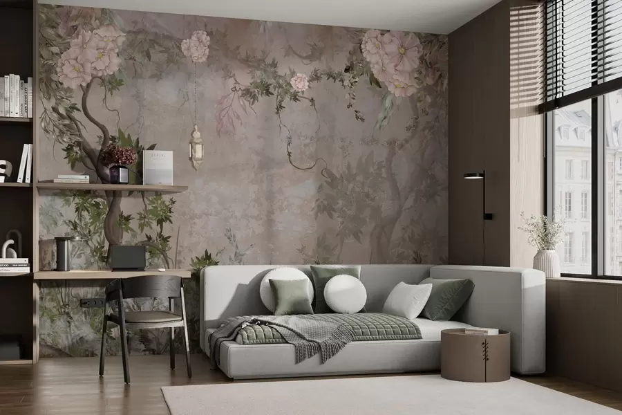 fototapeter Eventyrhage med blomster, trær og lykt w04416