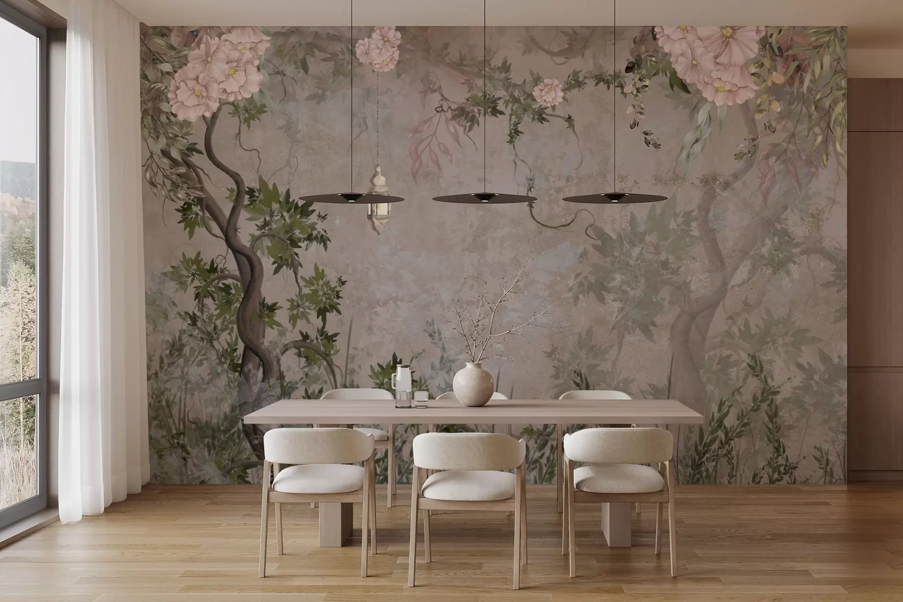 fototapeter Eventyrhage med blomster, trær og lykt w04416