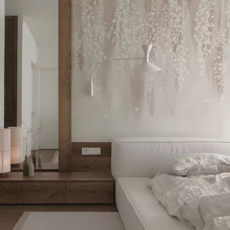 fototapeter Lyse grener med hvite blomster på en mild bakgrunn w04417