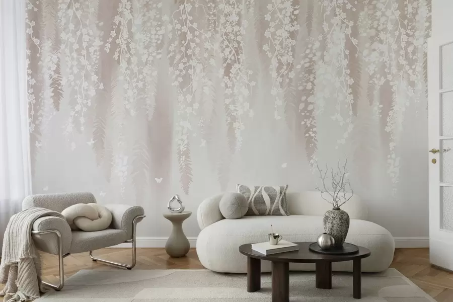 fototapeter Lyse grener med hvite blomster på en mild bakgrunn w04417