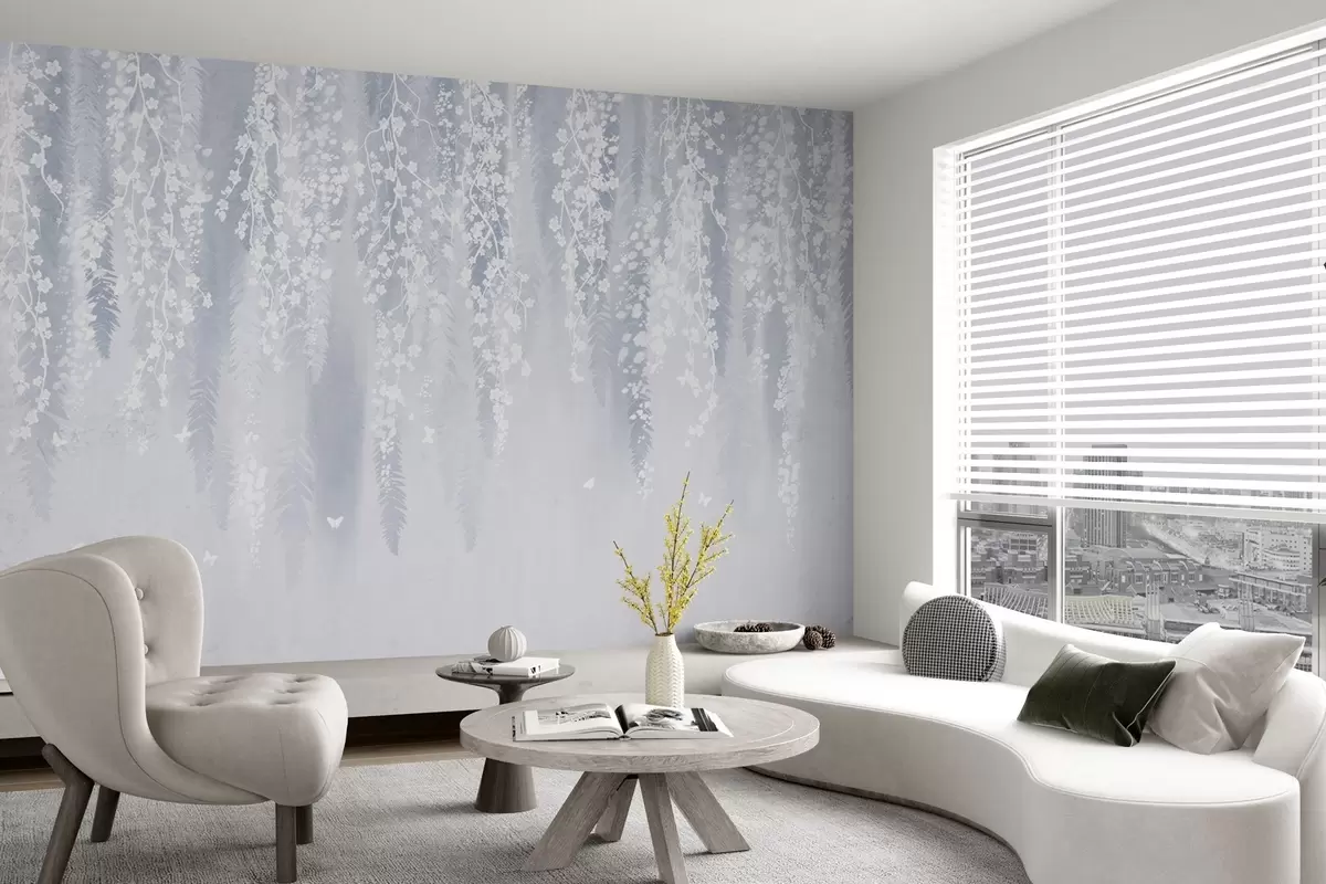 fototapeter Kul blå versjon av grener med hvite blomster w04417v2