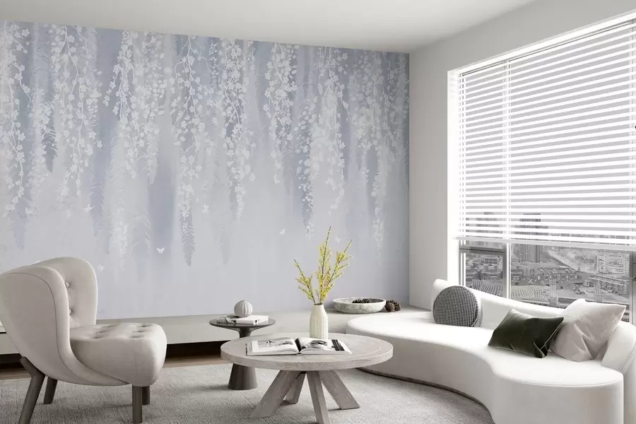 fototapeter Kul blå versjon av grener med hvite blomster w04417v2