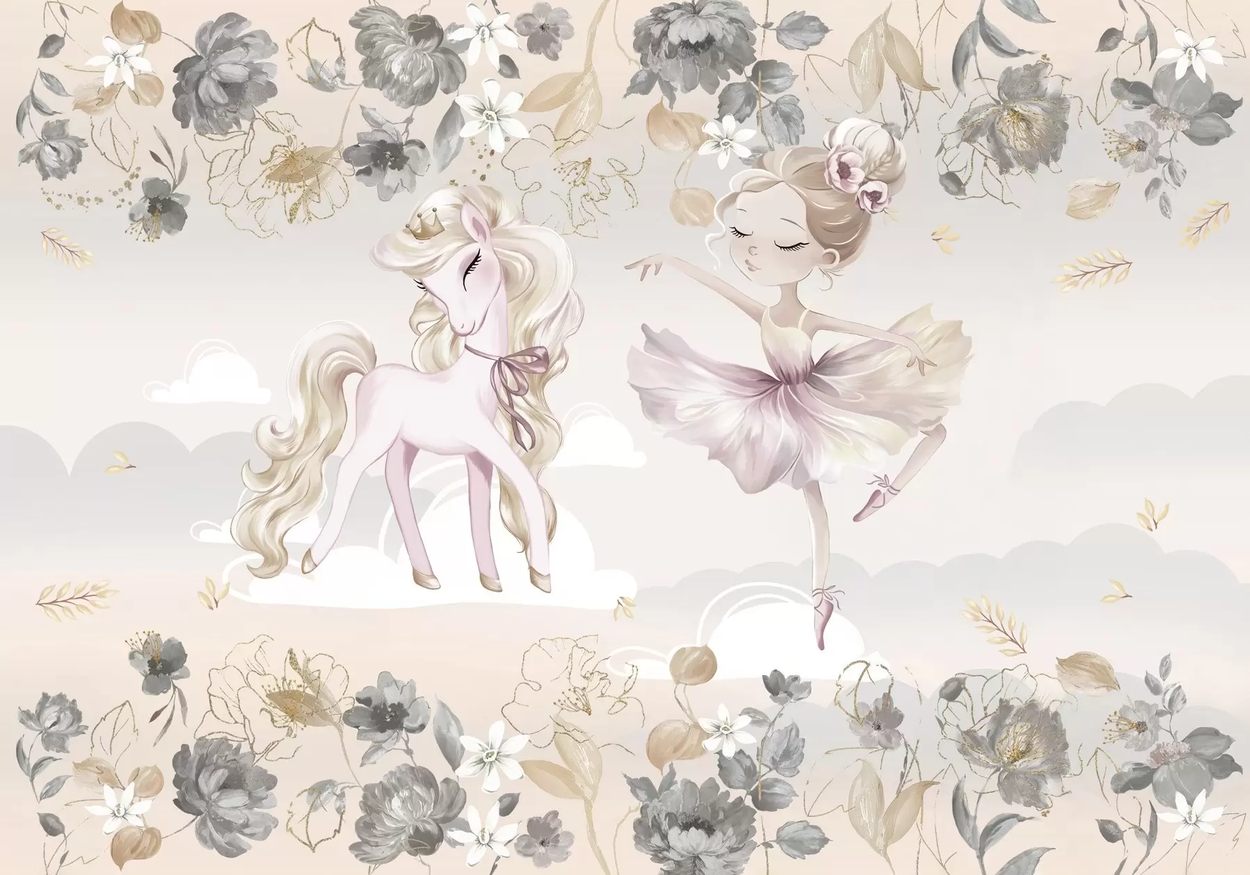 fototapeter Snøhvit ponni og ballerina blant blomster og skyer w04419