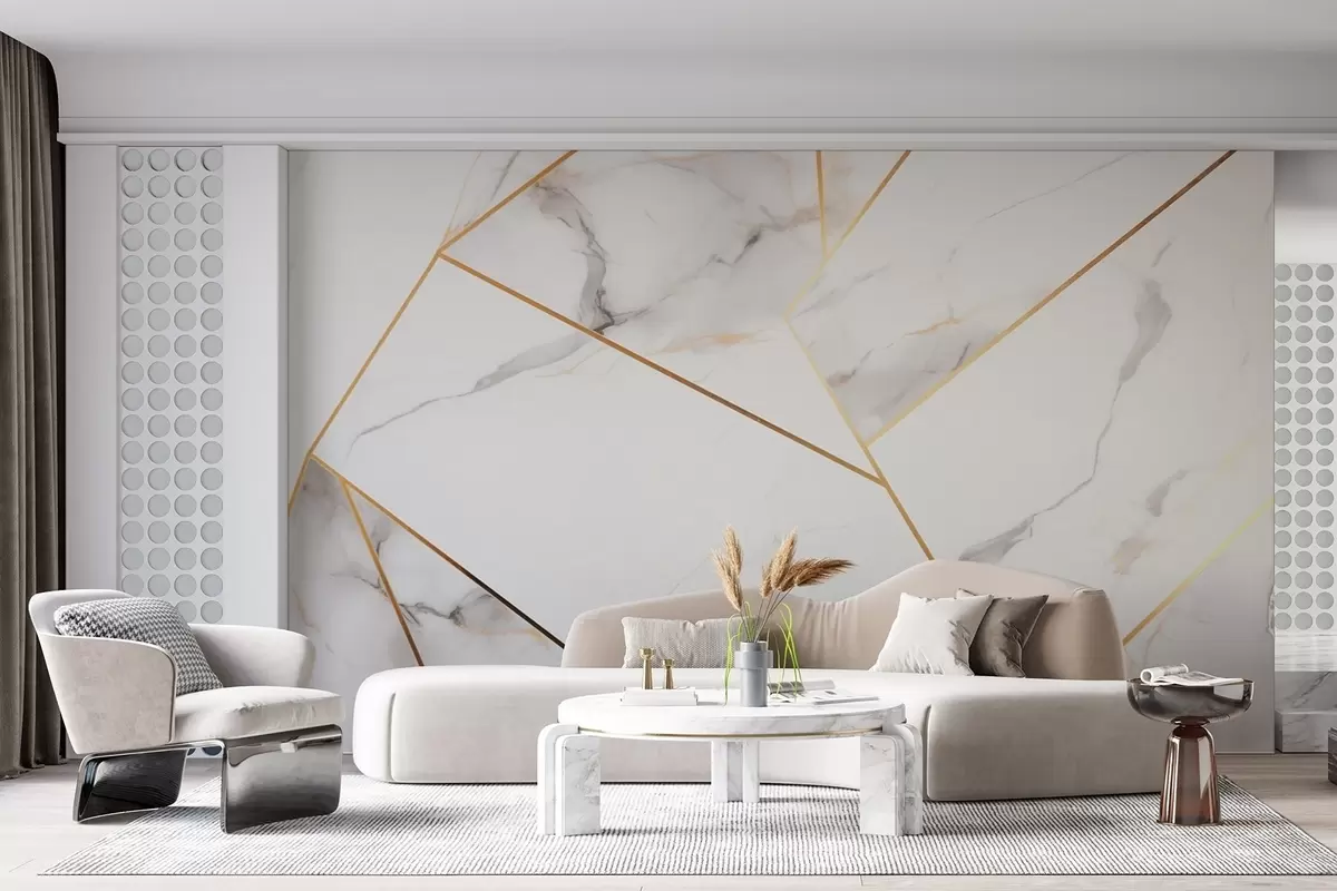 fototapeter Imitasjon av marmoroverflate med gult geometrisk mønster w09363