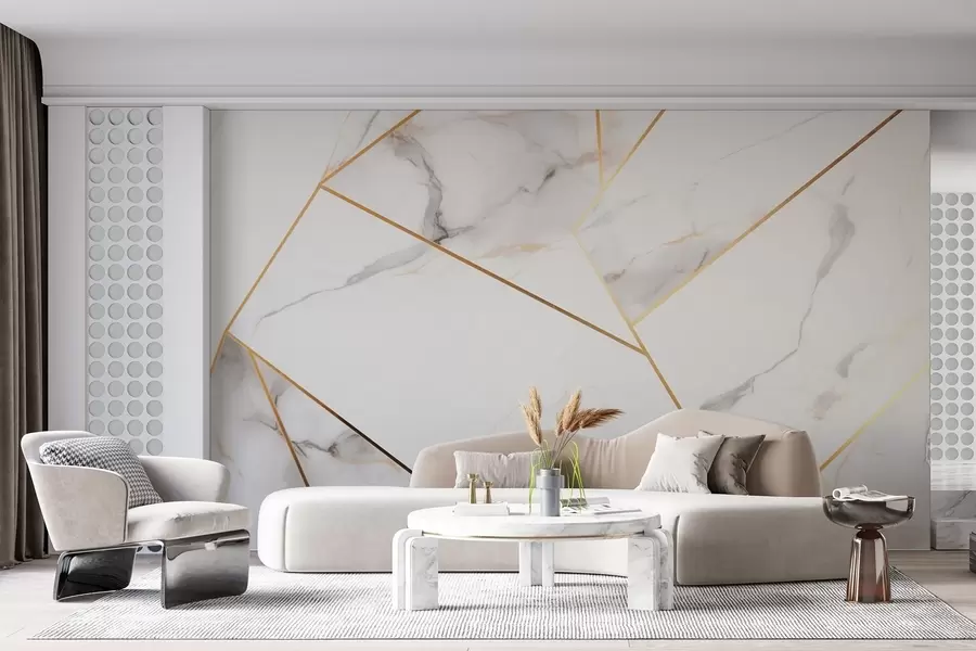 fototapeter Imitasjon av marmoroverflate med gult geometrisk mønster w09363