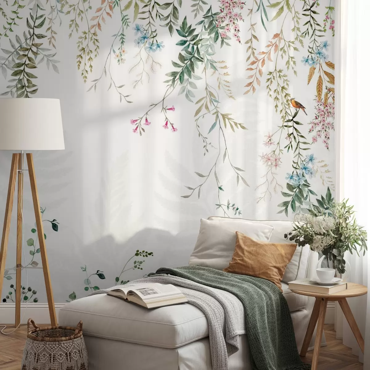 fototapeter Botanisk illustrasjon med bregner, gress og hengende planter, pastellfarger, på hvit bakgrunn i akvarell-teksturert stil w09364