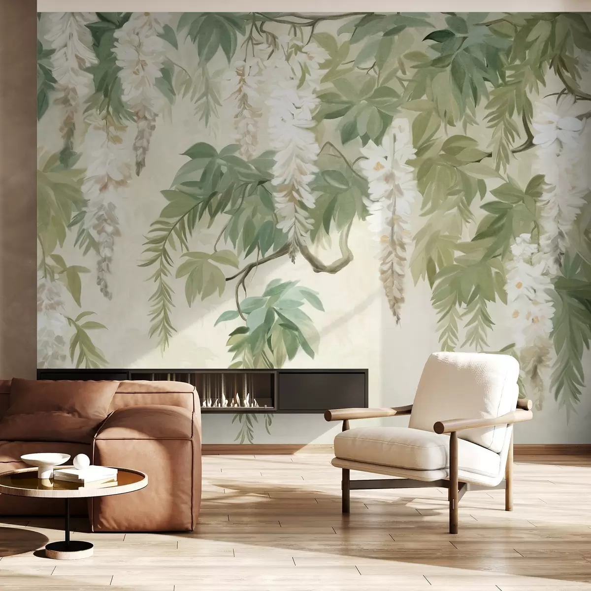 fototapeter Blåregn-grener med hvite blomster og grønne blader, grønn bakgrunn, teksturert vintage-maleri w09375