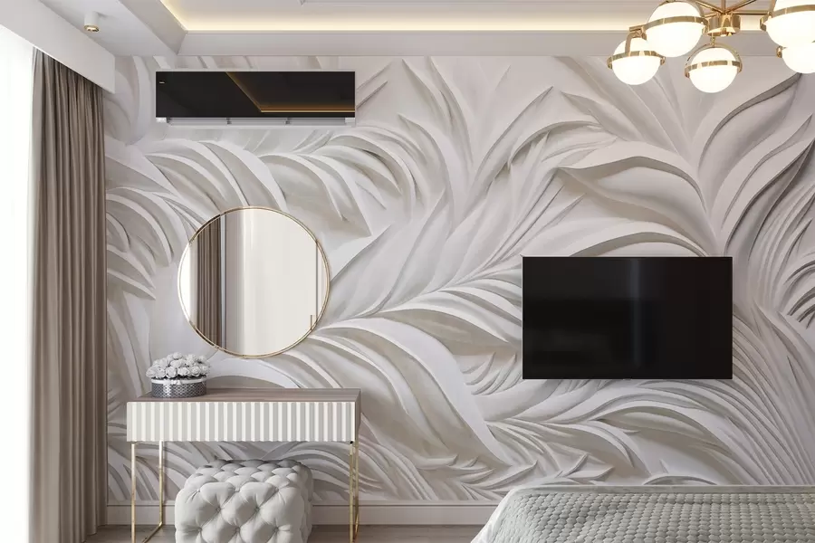 fototapeter Abstrakte hvite blader og blomsterelementer med struktur, minimalistisk estetikk w09378