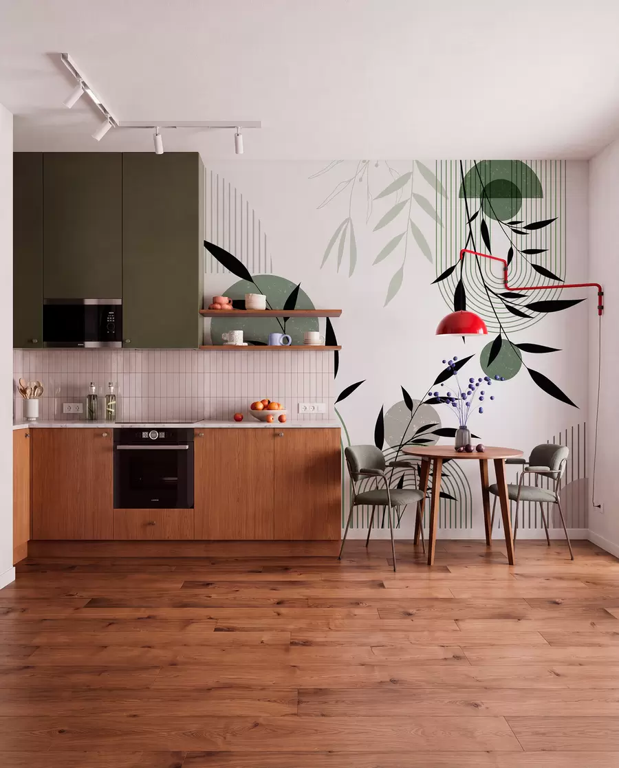 fototapeter Teksturert, abstrakt trykk med geometriske former, sirkler og buer samt svarte og grønne planter på hvit bakgrunn w09384