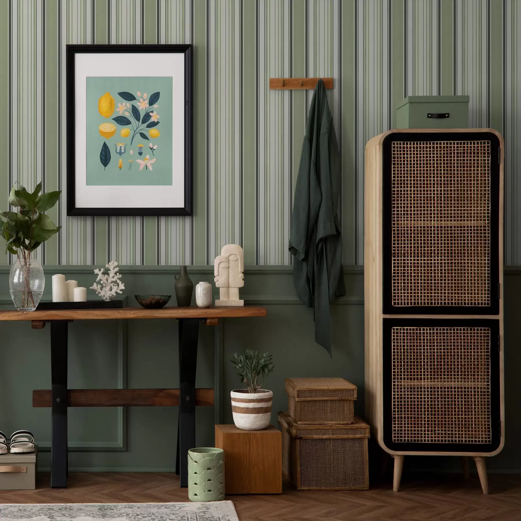 fototapeter Kremfarget bakgrunn med en blanding av grønne og svarte striper a00563