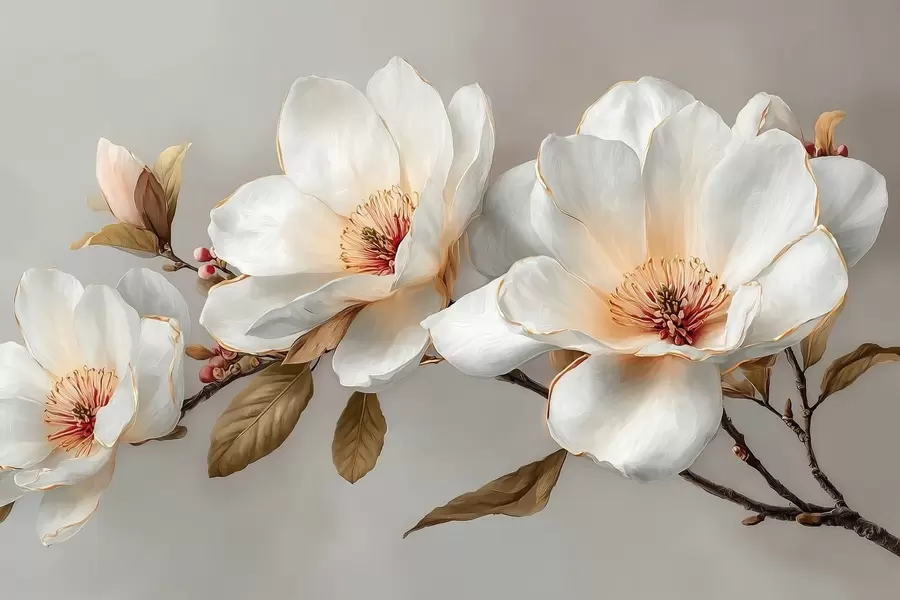 fototapeter Delikate blomster på en gren i pastellfarger med oransje midtpunkt w09299
