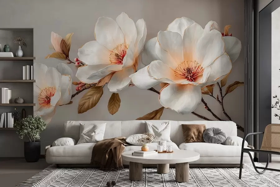 fototapeter Delikate blomster på en gren i pastellfarger med oransje midtpunkt w09299