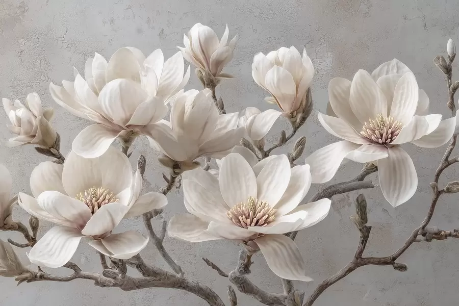 fototapeter Magnoliagrener med store lyse blomster i duse toner w09305