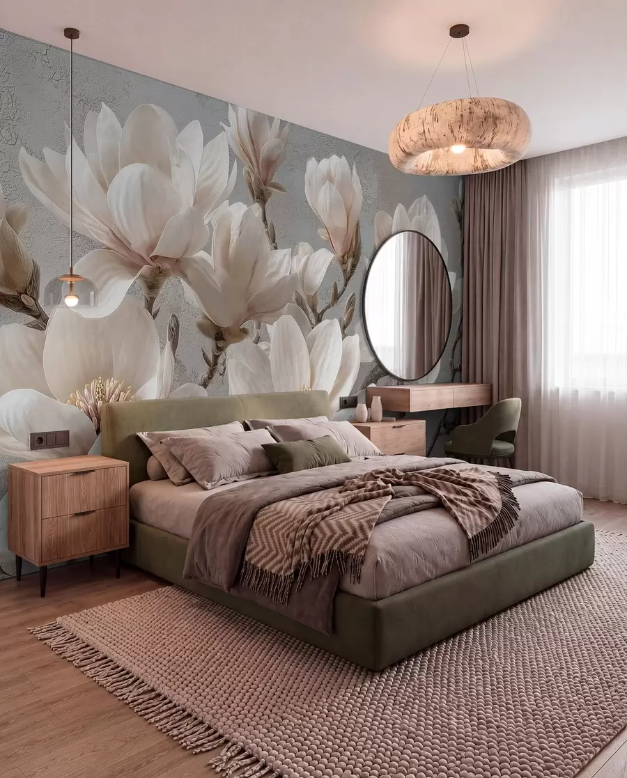 fototapeter Magnoliagrener med store lyse blomster i duse toner w09305