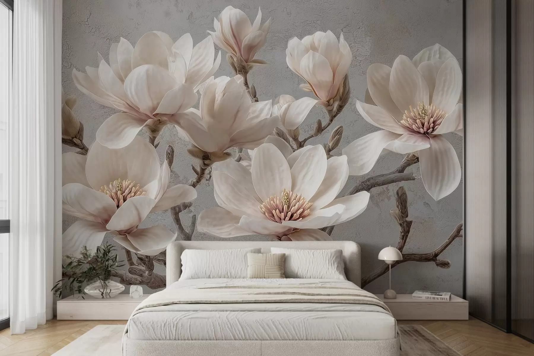 fototapeter Magnoliagrener med store lyse blomster i duse toner w09305