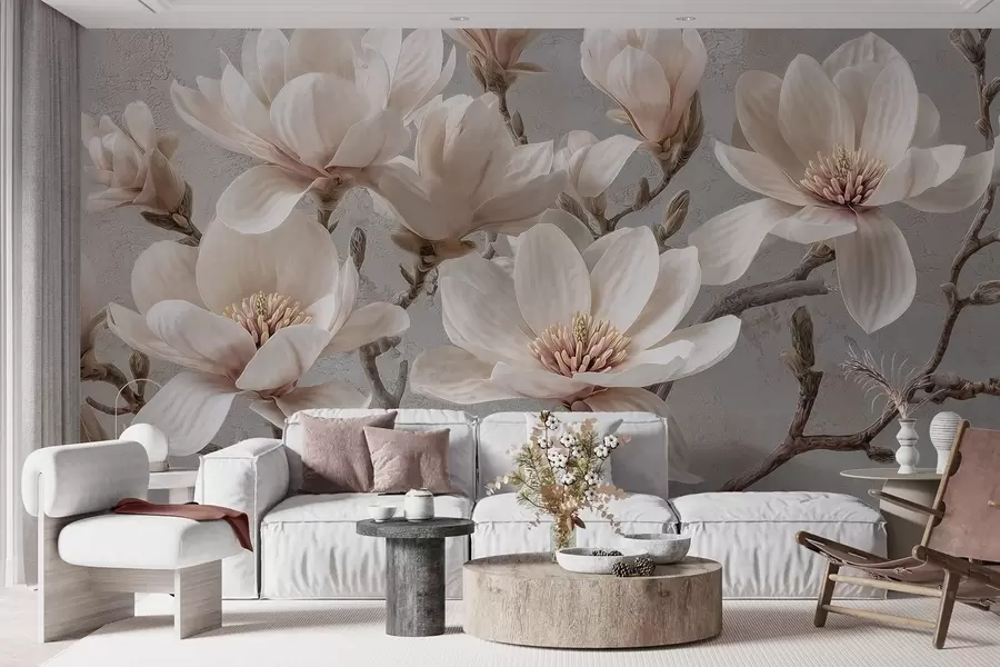 fototapeter Magnoliagrener med store lyse blomster i duse toner w09305