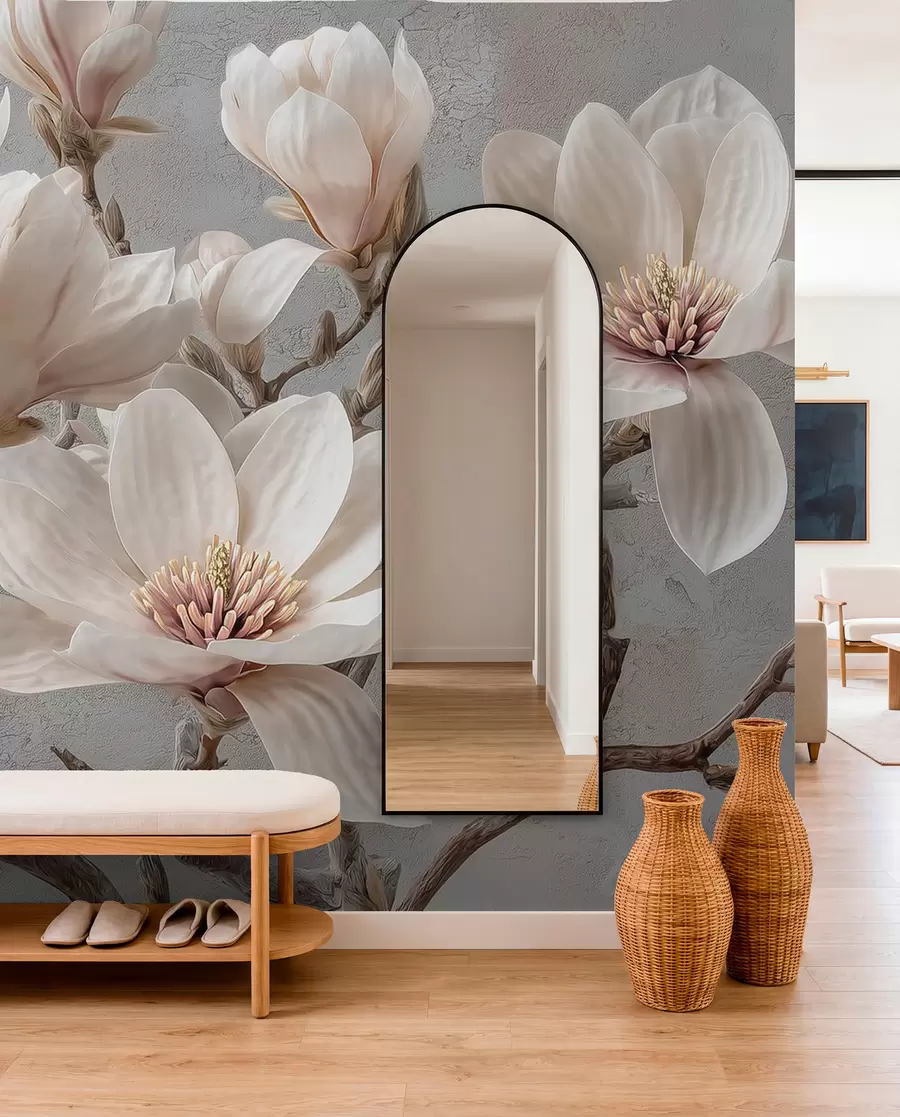 fototapeter Magnoliagrener med store lyse blomster i duse toner w09305