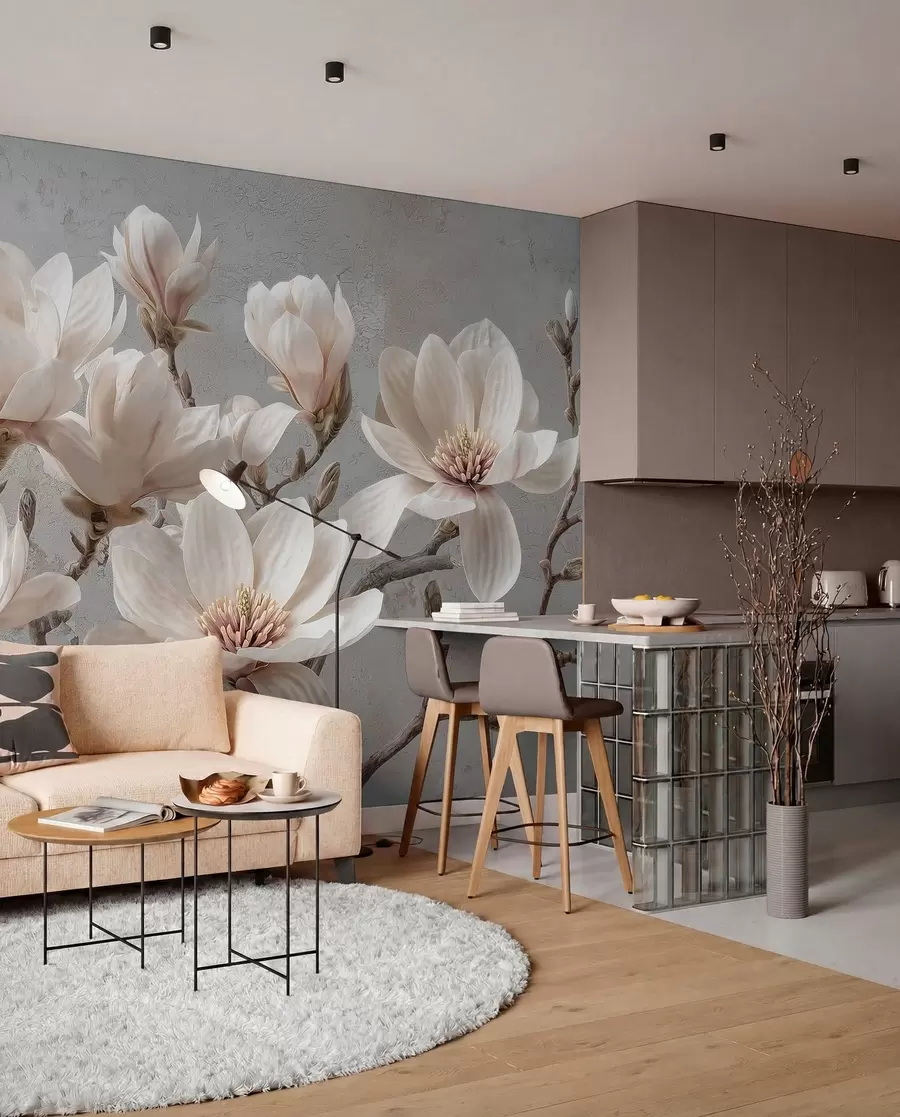 fototapeter Magnoliagrener med store lyse blomster i duse toner w09305