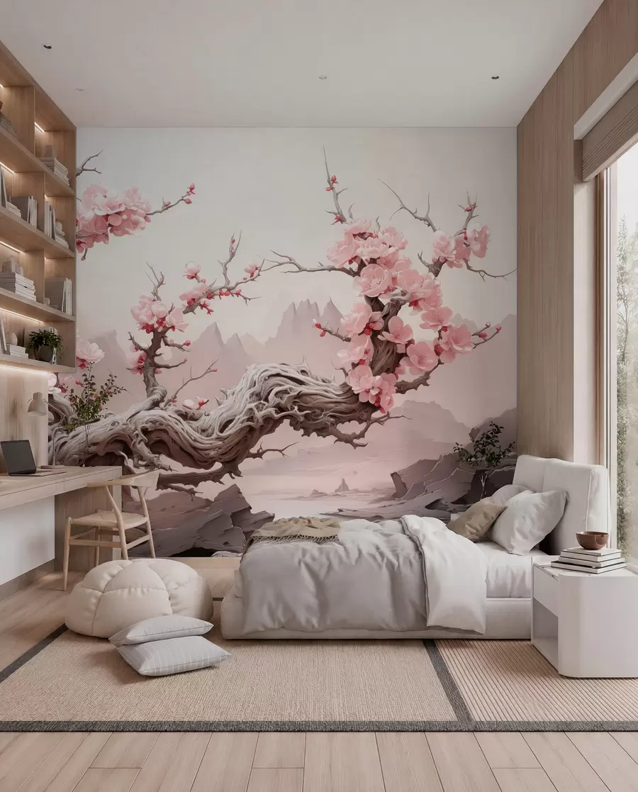 fototapeter Vridd trestamme med blomstrende rosa sakura w09388
