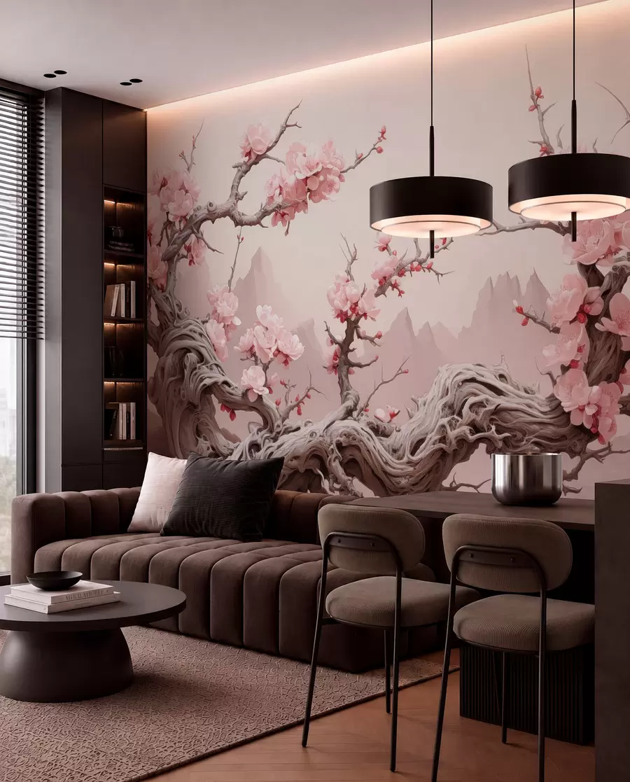 fototapeter Vridd trestamme med blomstrende rosa sakura w09388