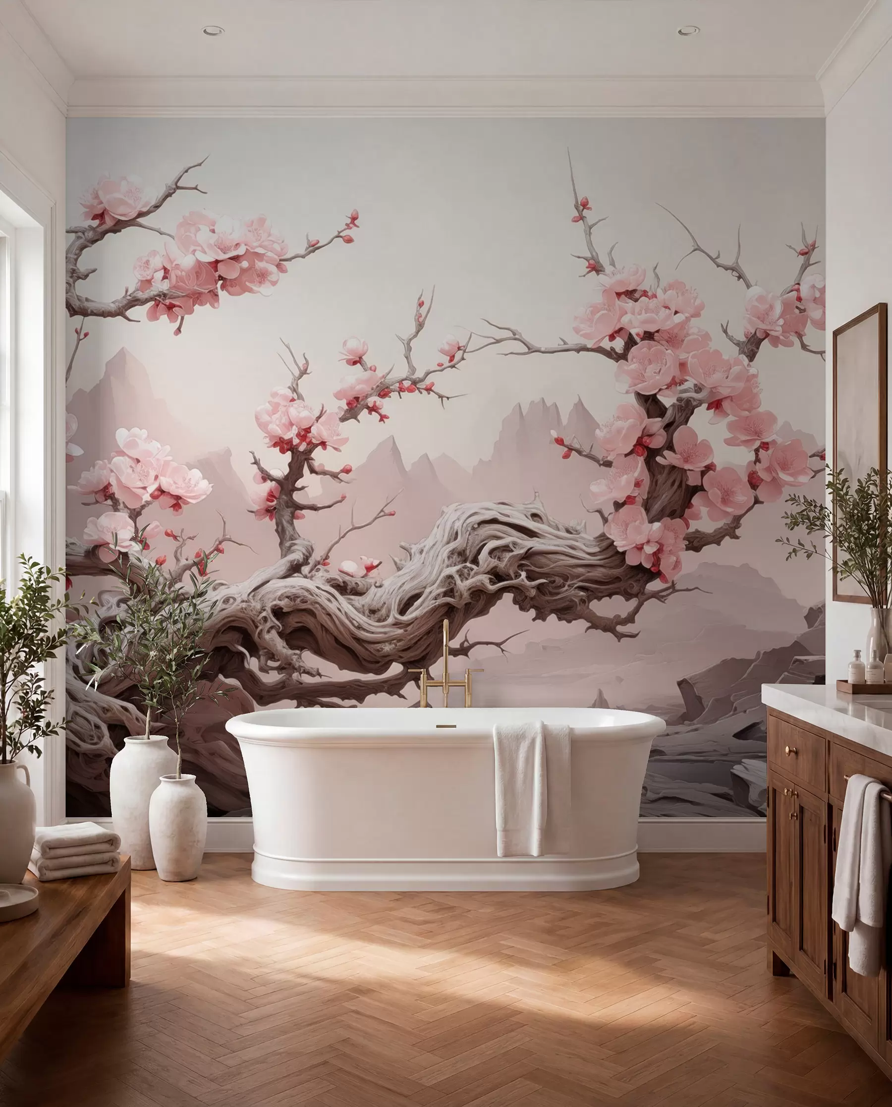 fototapeter Vridd trestamme med blomstrende rosa sakura w09388