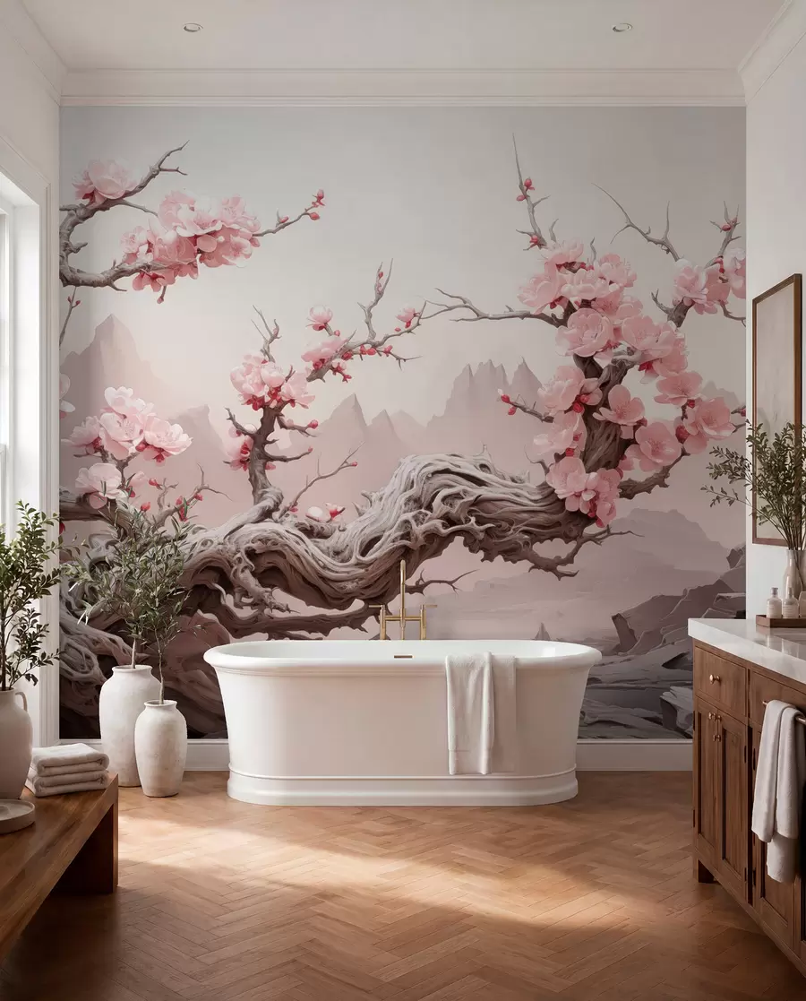 fototapeter Vridd trestamme med blomstrende rosa sakura w09388