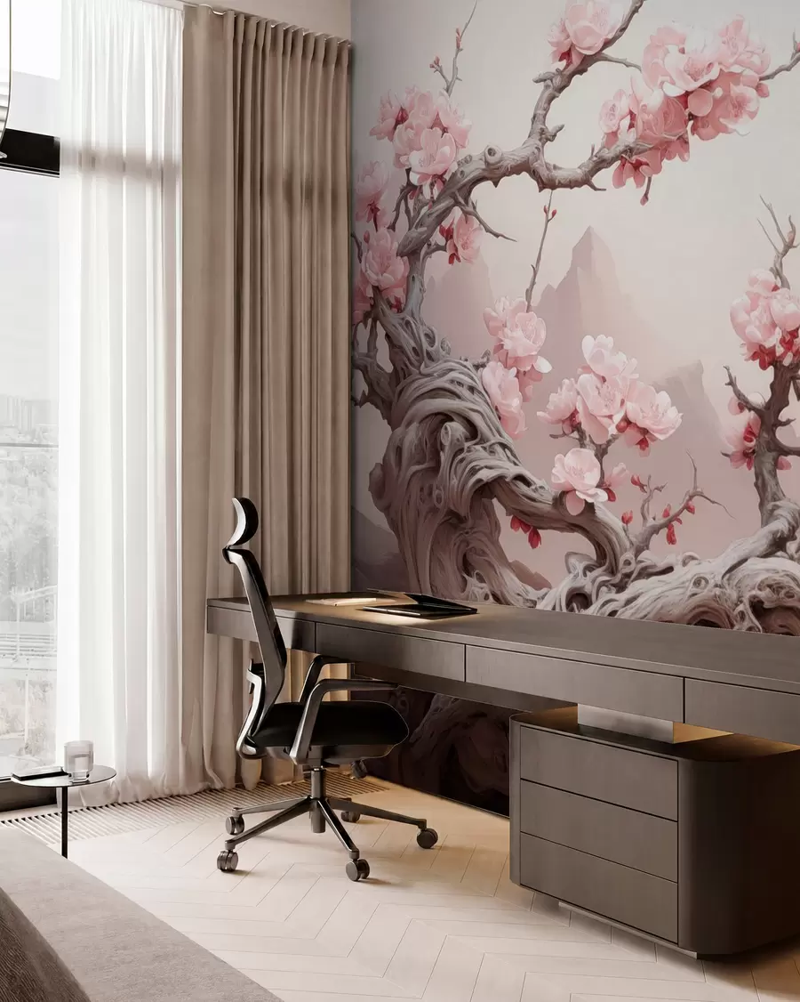 fototapeter Vridd trestamme med blomstrende rosa sakura w09388