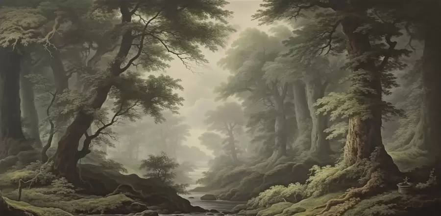 fototapeter Tåkete skog med elv og høye, gamle trær w04555