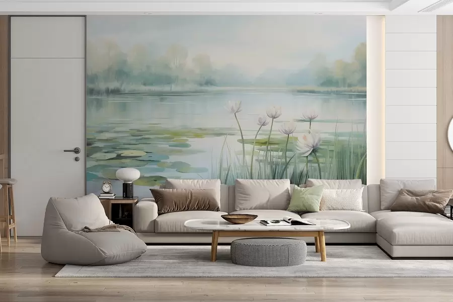 fototapeter Landskap med en innsjø, vannliljer og vannliljeblader, trær i bakgrunnen, i et rolig miljø, lyseblå og grønne toner w09395