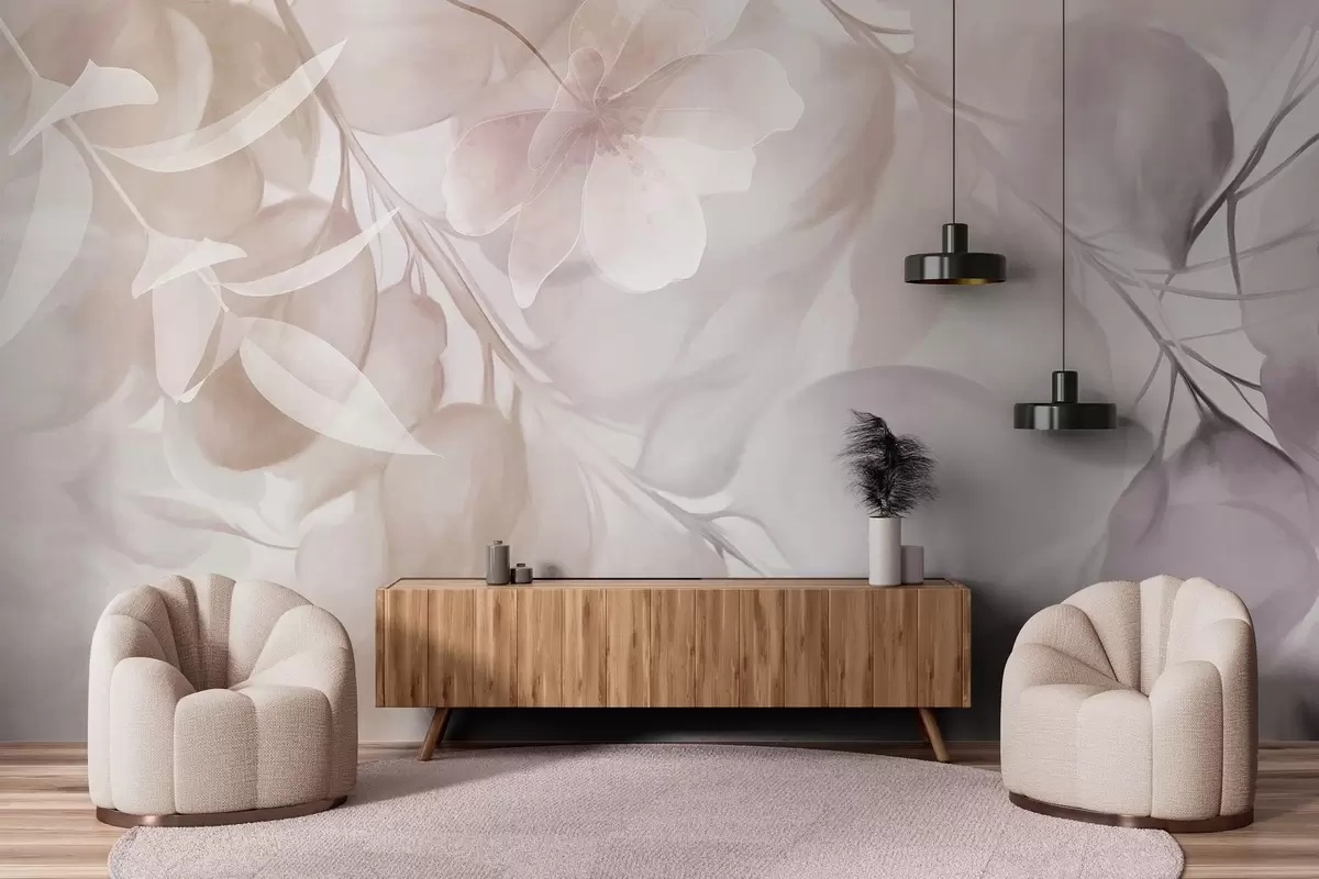 fototapeter Blomsterkunst med dempede beige og brune blomster, blader og grener, myke pastellfarger, akvarellstrukturert effekt w09397