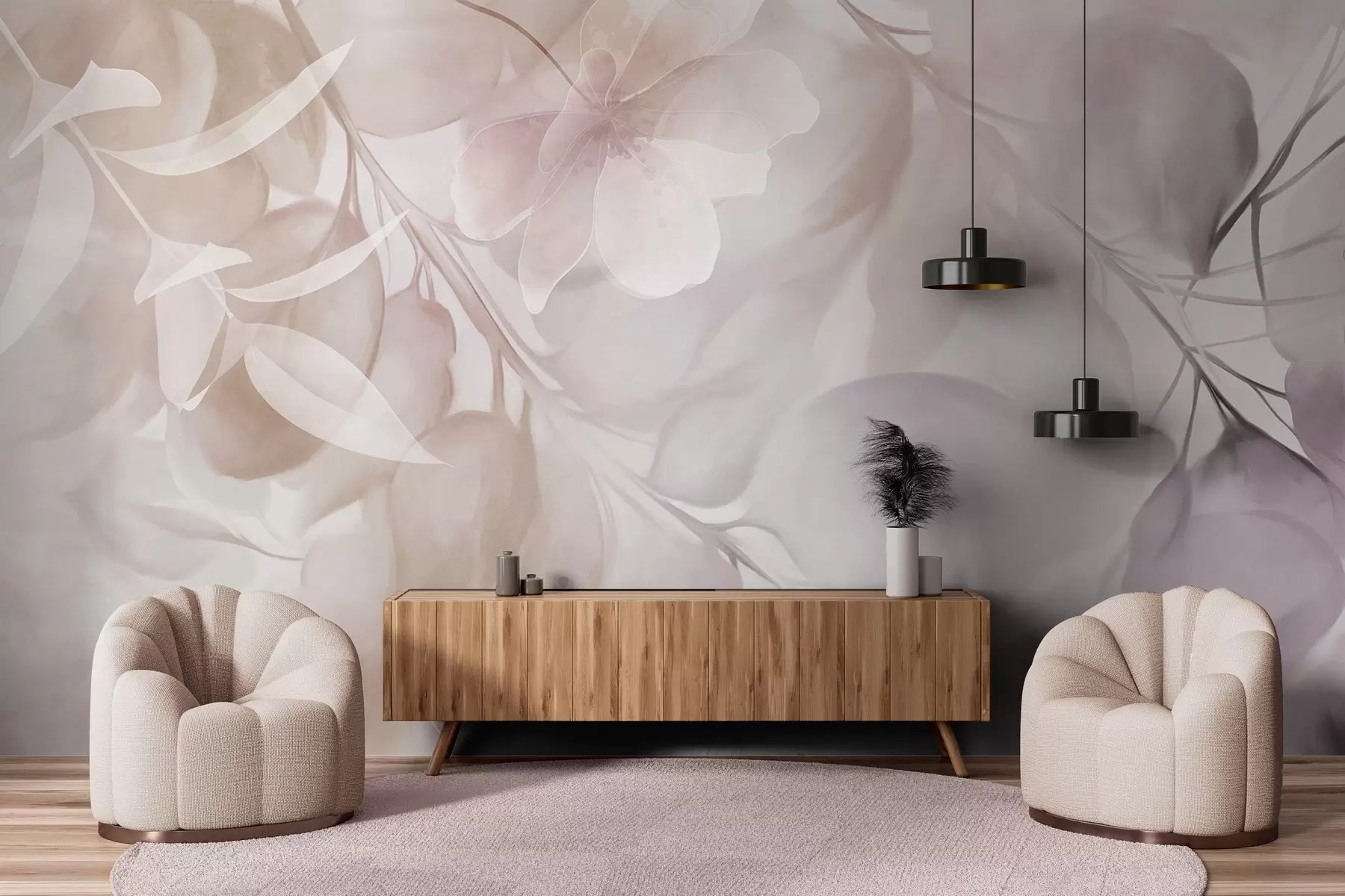 fototapeter Blomsterkunst med dempede beige og brune blomster, blader og grener, myke pastellfarger, akvarellstrukturert effekt w09397