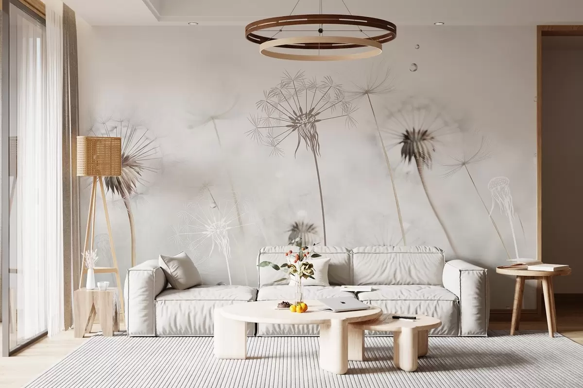 fototapeter Løvetann med vanndråper, hvit bakgrunn, nærbilde, mykt lys, natur, botanisk, eterisk, delikat, minimalistisk w09399