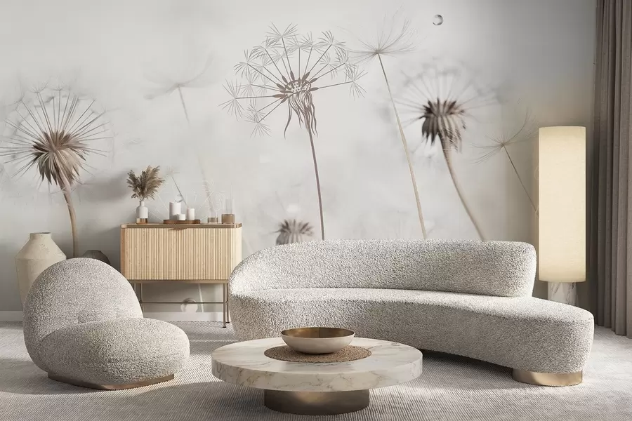 fototapeter Løvetann med vanndråper, hvit bakgrunn, nærbilde, mykt lys, natur, botanisk, eterisk, delikat, minimalistisk w09399