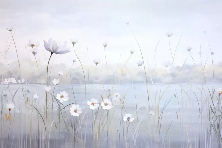 fototapeter Hvite blomster med lange stilker i et felt, lyseblå himmel, myke farger, strukturert, minimalistisk stil, naturinspirert, rolig bakgrunn w09401