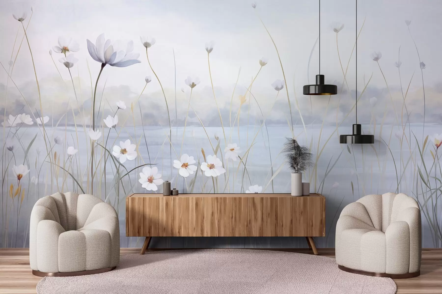 fototapeter Hvite blomster med lange stilker i et felt, lyseblå himmel, myke farger, strukturert, minimalistisk stil, naturinspirert, rolig bakgrunn w09401